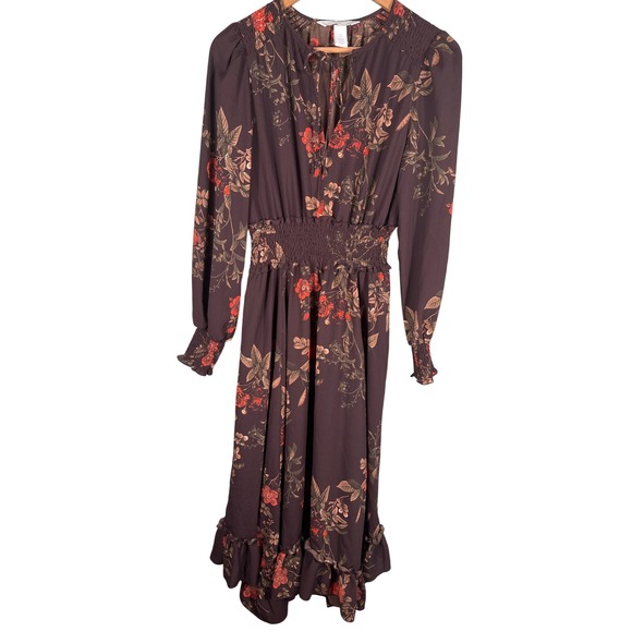 H&M Women's Size 6 Floral Smocked Brown Long Sleeve Ruffle Hem Boho Maxi Dress - Picture 2 of 13